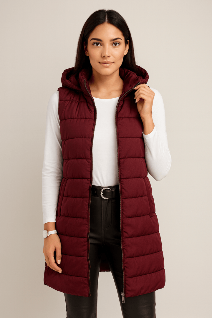 ELENA | VESTE LONGUE PUFFER SANS MANCHES À CAPUCHE CASUAL