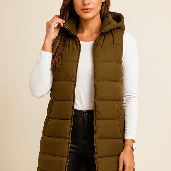 ELENA | VESTE LONGUE PUFFER SANS MANCHES AVEC CAPUCHE