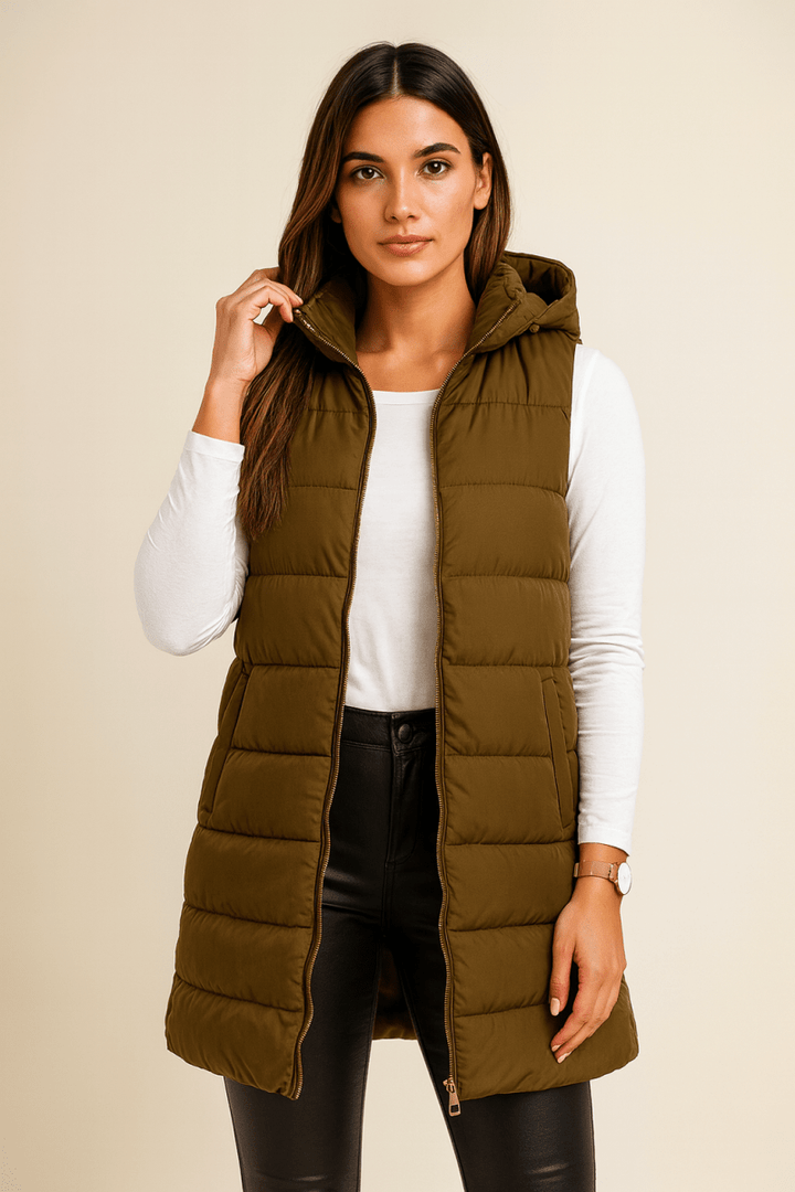 ELENA | VESTE LONGUE PUFFER SANS MANCHES À CAPUCHE CASUAL