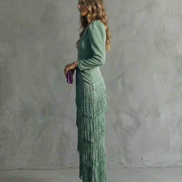 Chiara – Elegant Dress with Fringe Sleeves