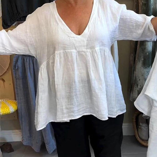 Loretta| V-Neck Cotton-Linen Blouse – Light Elegance with Everyday Ease
