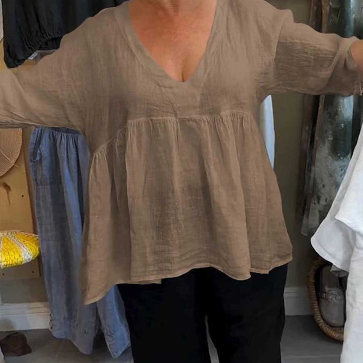 Loretta| V-Neck Cotton-Linen Blouse – Light Elegance with Everyday Ease