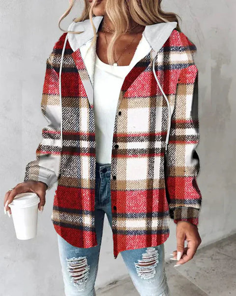 PAIGE™ - Veste à Capuche à Carreaux Chic à Manches Longues avec Boutons