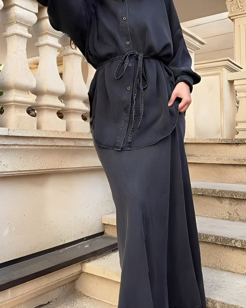 Evelore | Long-Sleeved Tie-Drawstring Shirt & Skirt Set - Effortless Style, Everyday Confidence