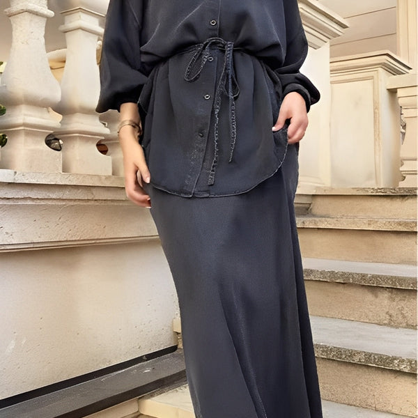 Evelore | Long-Sleeved Tie-Drawstring Shirt & Skirt Set - Effortless Style, Everyday Confidence