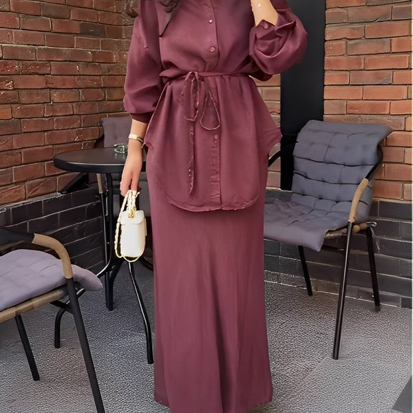 Evelore | Long-Sleeved Tie-Drawstring Shirt & Skirt Set - Effortless Style, Everyday Confidence